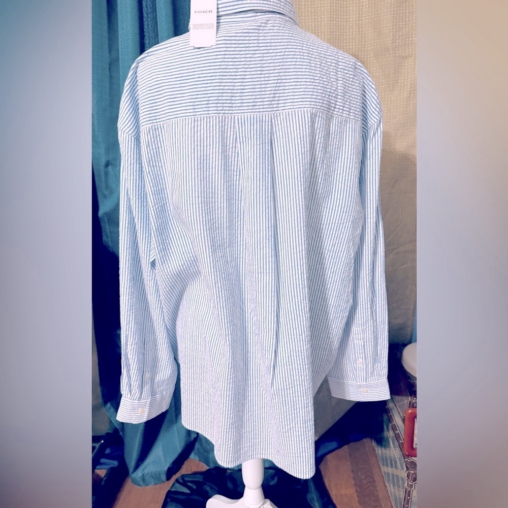 Women’s Coach Blue / White seersucker Button Down Shirt 31 long 26 armpits - Picture 7 of 15